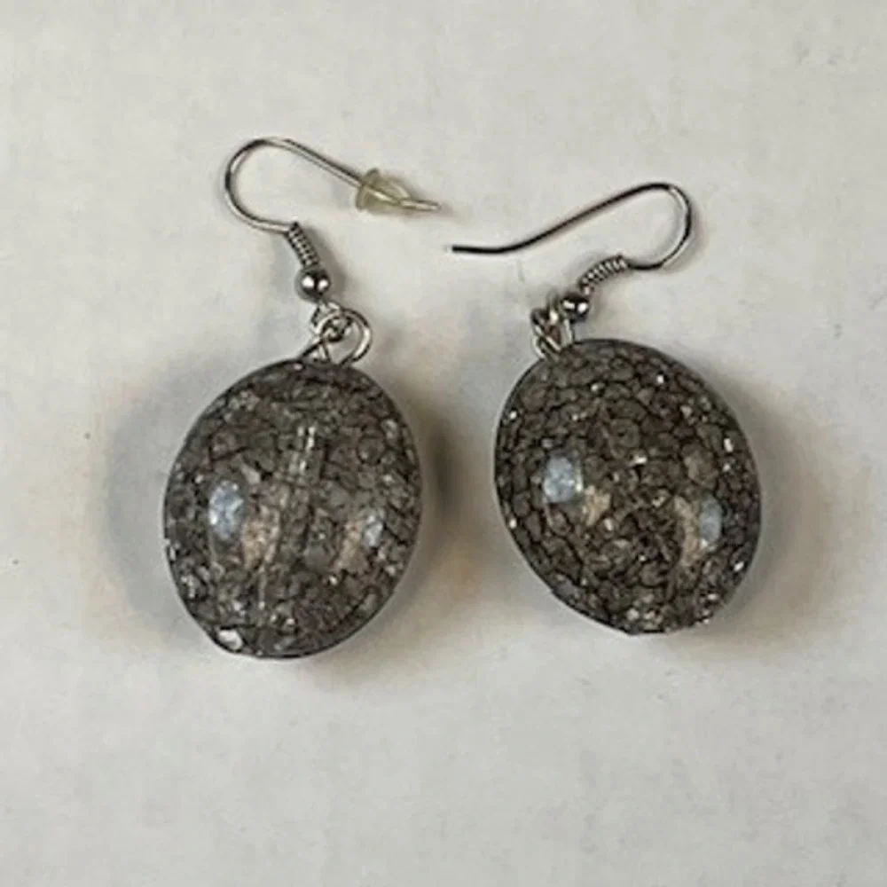 Grey Mosaic Crackle Oval Dangle Earrings Silver Tone‎ Fishhook Drop Earrings